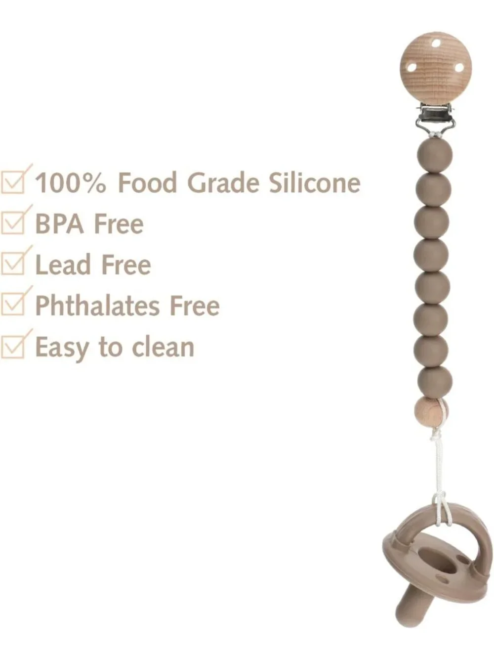 Silicone Baby Pacifier Clips - 2 Pack Binky Holders (Sand & Light Grey)